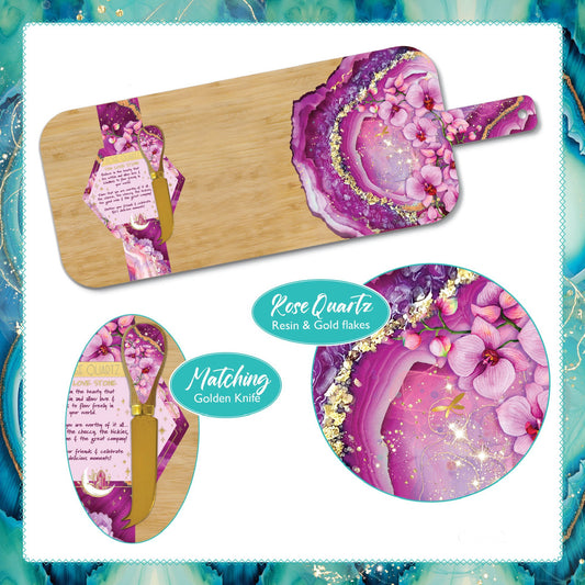 Crystal Resin Bamboo Serving Board with Cheese Knife - Rose Quartz Orchid