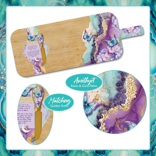 Crystal Resin Bamboo Serving Board with Cheese Knife - Amethyst Butterflies