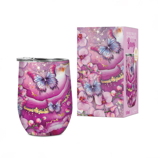 Double Walled Stainless Steel 'Bevvy' Mug (350ml) - Fuchsia Butterfly