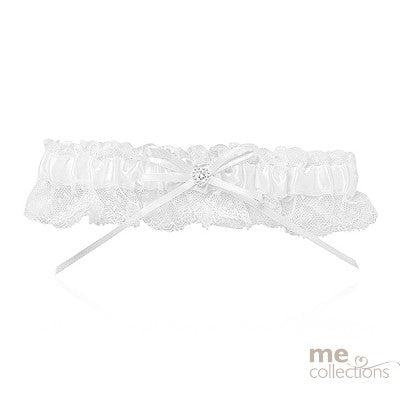Satin Garter with Lace and Diamante (White)