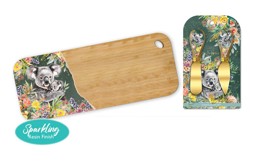Resin Medium Bamboo Serving Board with Cheese Knives - Koala Cuddles