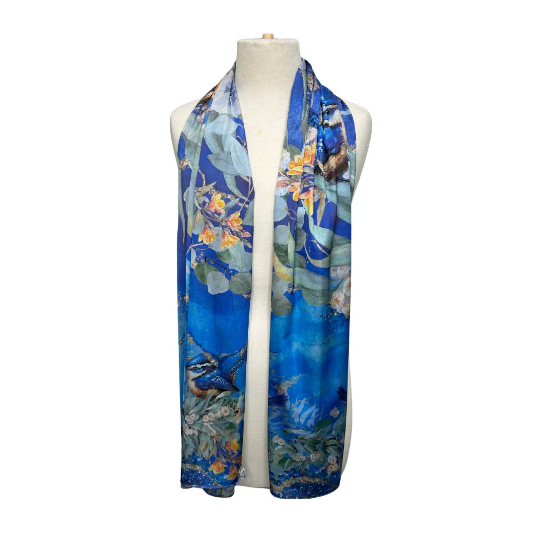 Satin Reversible Artistry Scarf Wrap - Blue Wrens