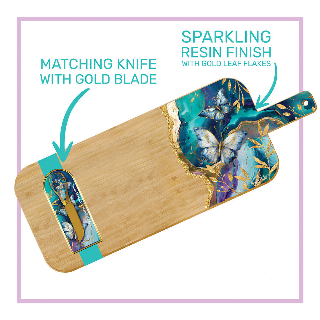 Resin Large Bamboo Serving Board with Cheese Knife - Tranquil Butterflies