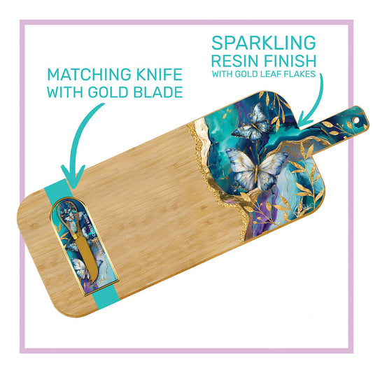 Resin Large Bamboo Serving Board with Cheese Knife - Tranquil Butterflies