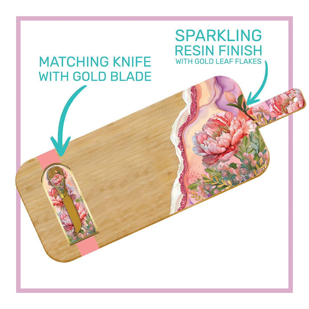 Resin Large Bamboo Serving Board with Cheese Knife - Coral Peony