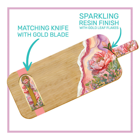 Resin Large Bamboo Serving Board with Cheese Knife - Coral Peony