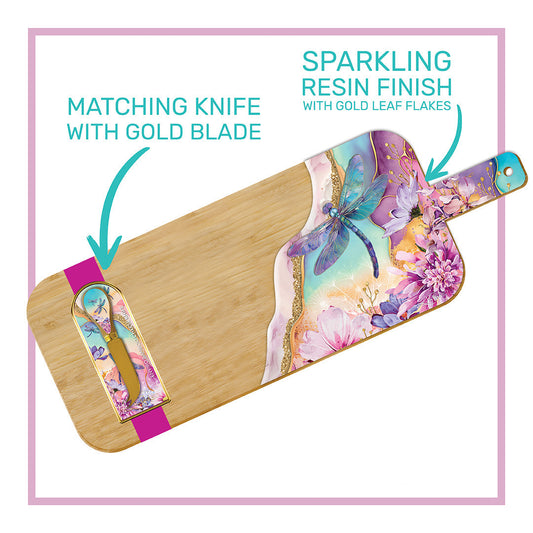 Resin Large Bamboo Serving Board with Cheese Knife - Delightful Dragonflies