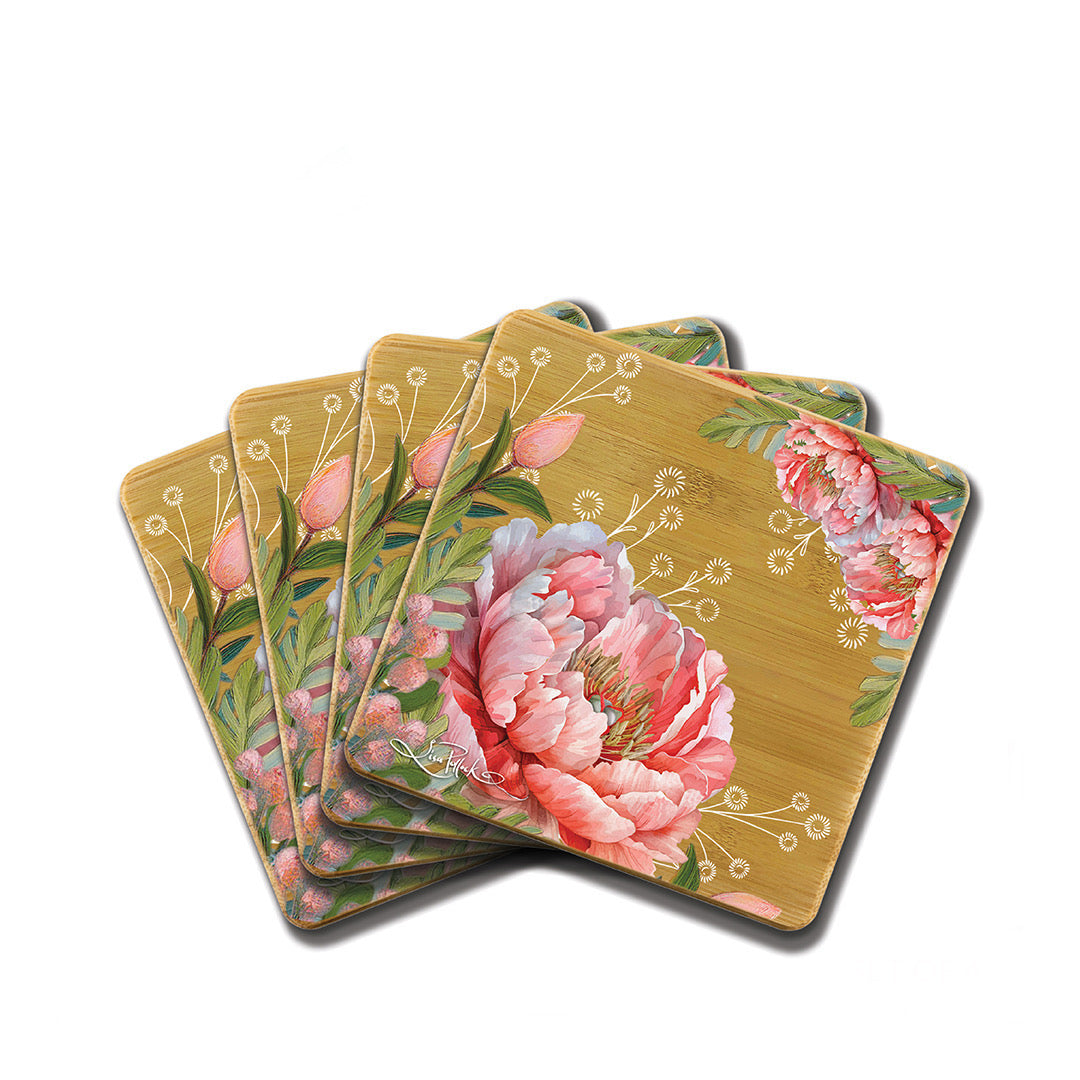 Bamboo Coasters Set of 4 - Coral Peony
