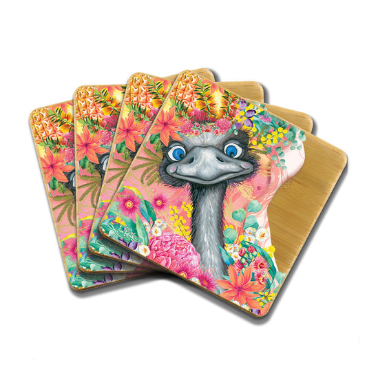 Bamboo Coasters Set of 4 - Happy Emu