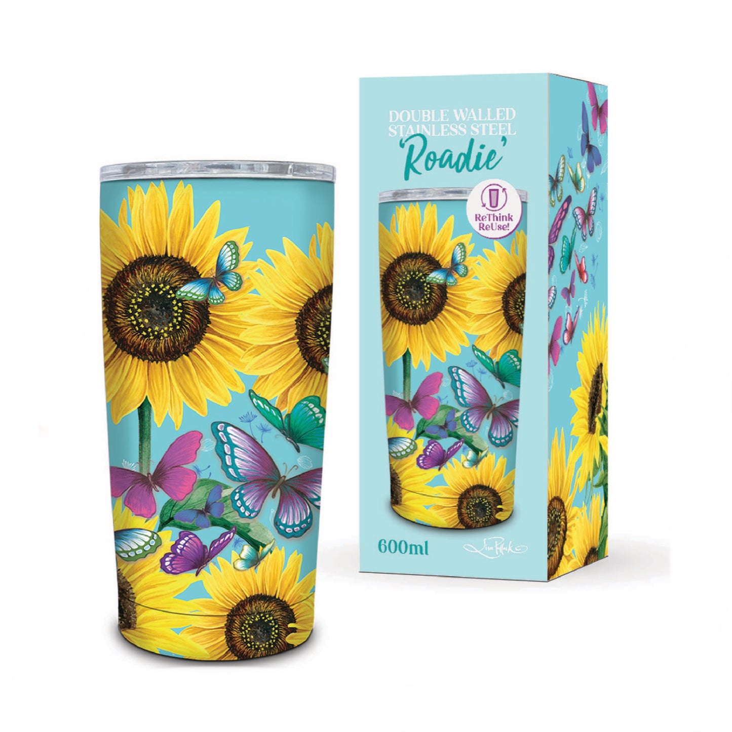 Double Walled Stainless Steel ‘Roadie’ Travel Mug (600ml) - Sunny Butterflies
