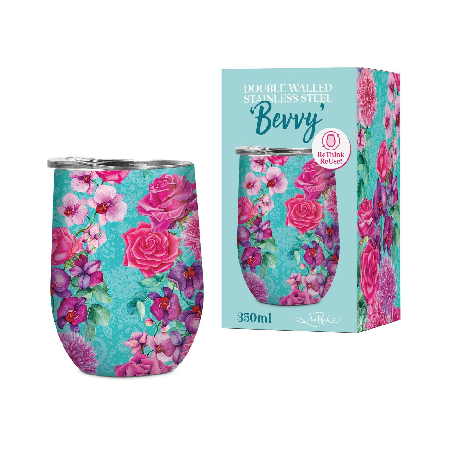 Double Walled Stainless Steel 'Bevvy' Mug (350ml) - Rose Bouquet