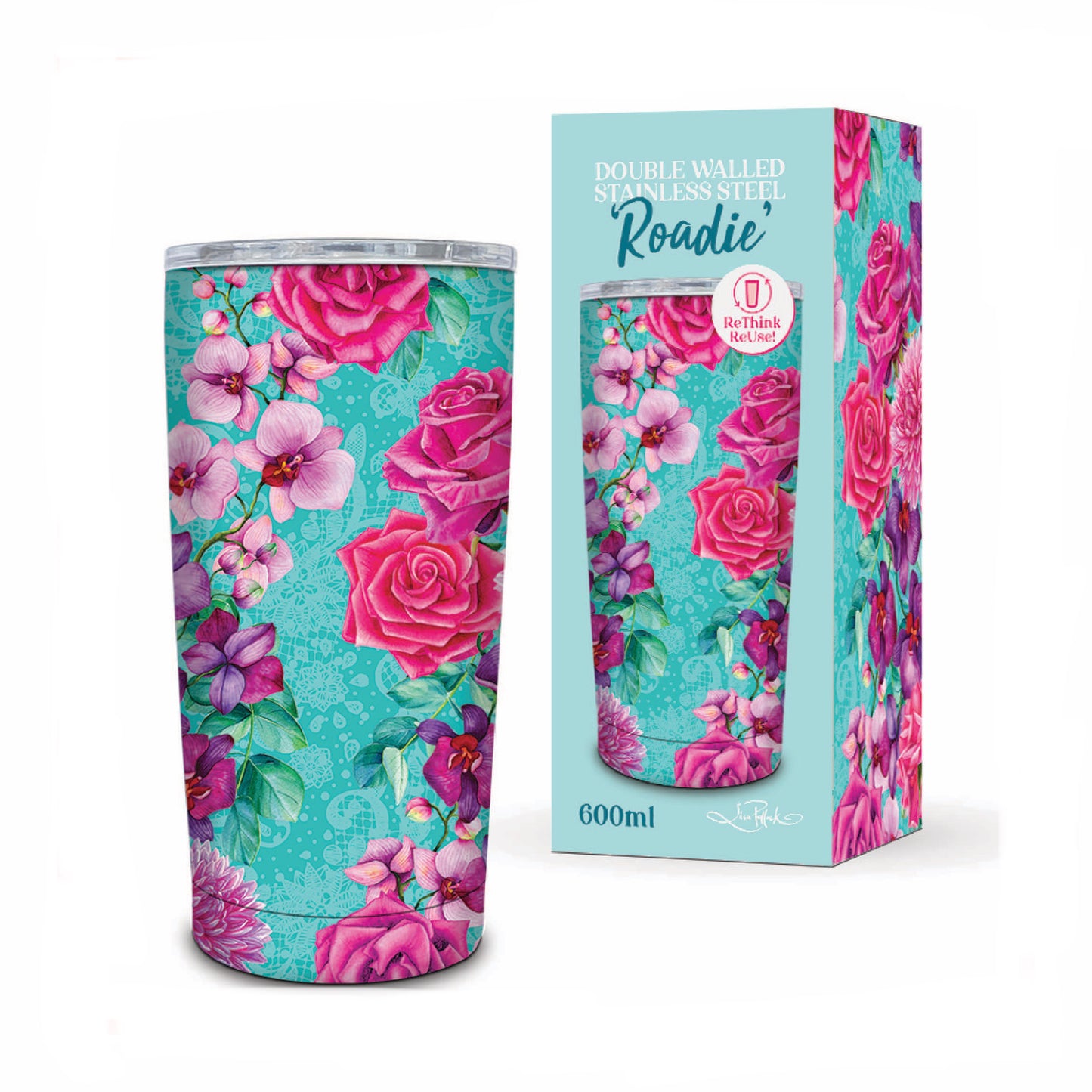 Double Walled Stainless Steel ‘Roadie’ Travel Mug (600ml) - Rose Bouquet