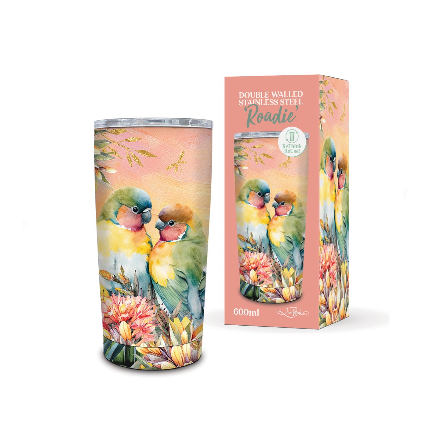 Double Walled Stainless Steel ‘Roadie’ Travel Mug (600ml) - Sunset Lovebirds