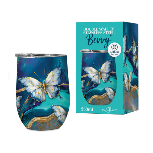 Double Walled Stainless Steel 'Bevvy' Mug (350ml) - Tranquil Butterflies