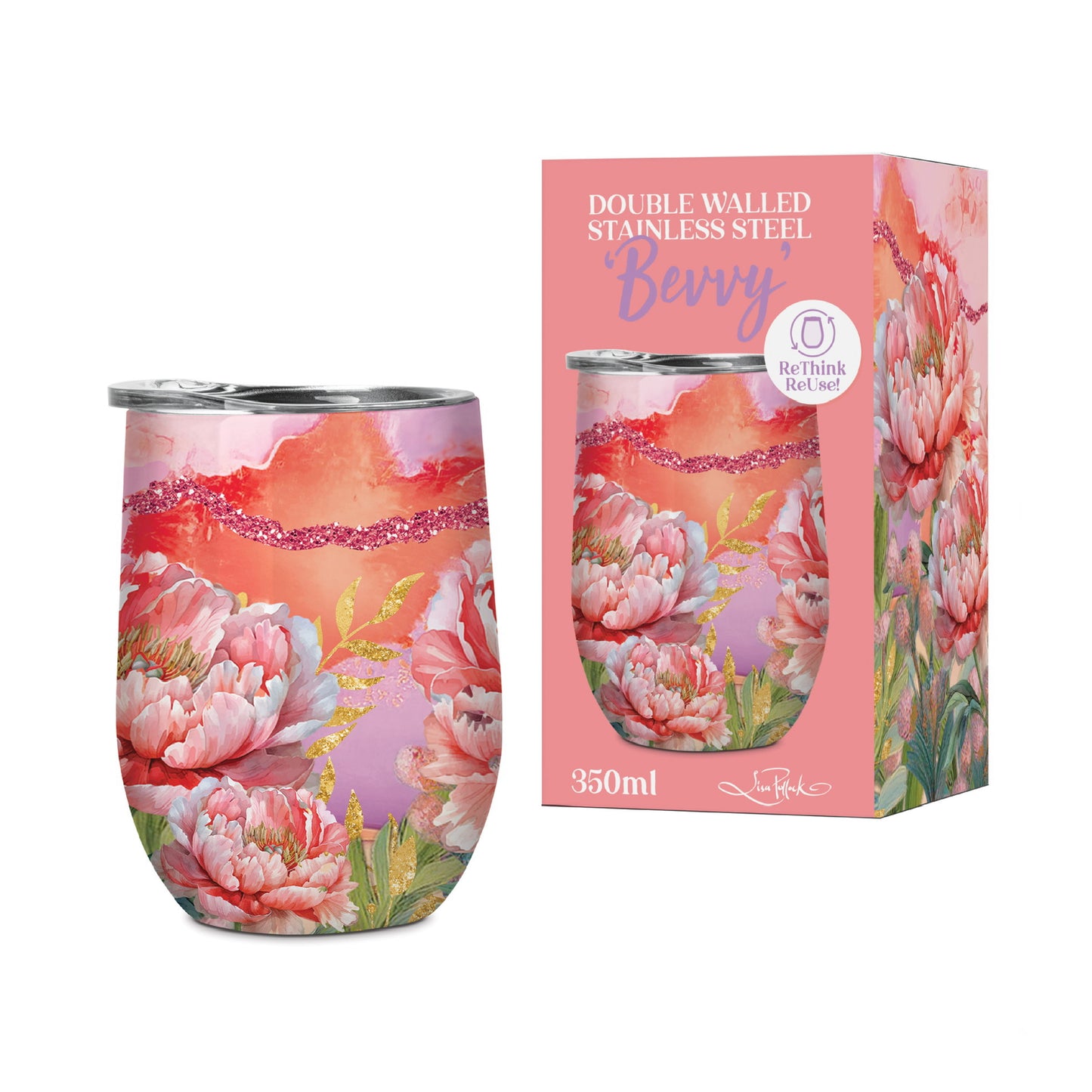 Double Walled Stainless Steel 'Bevvy' Mug (350ml) - Coral Peony