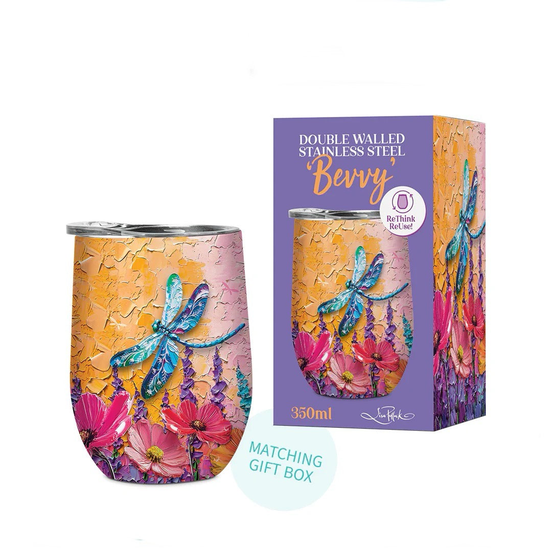 Double Walled Stainless Steel 'Bevvy' Mug (350ml) - Playful Dragonflies