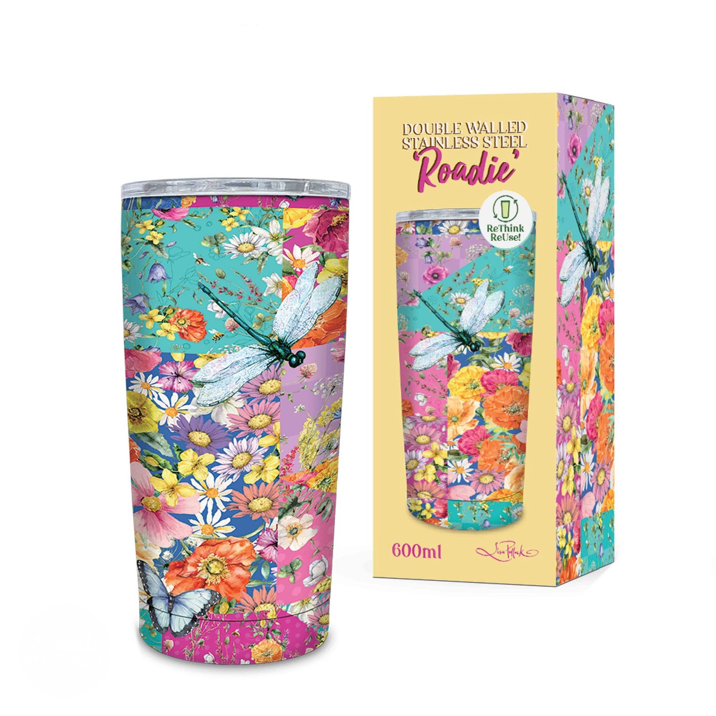 Double Walled Stainless Steel ‘Roadie’ Travel Mug (600ml) - Wildflower Patch