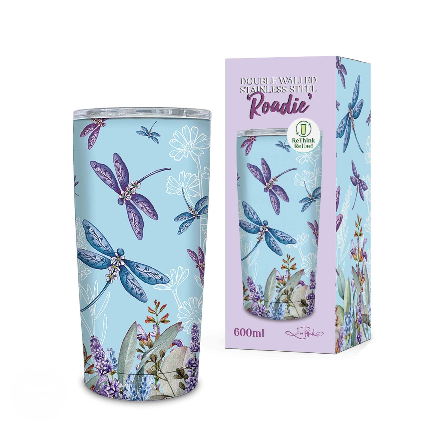 Double Walled Stainless Steel ‘Roadie’ Travel Mug (600ml) - Lavender Dragonflies