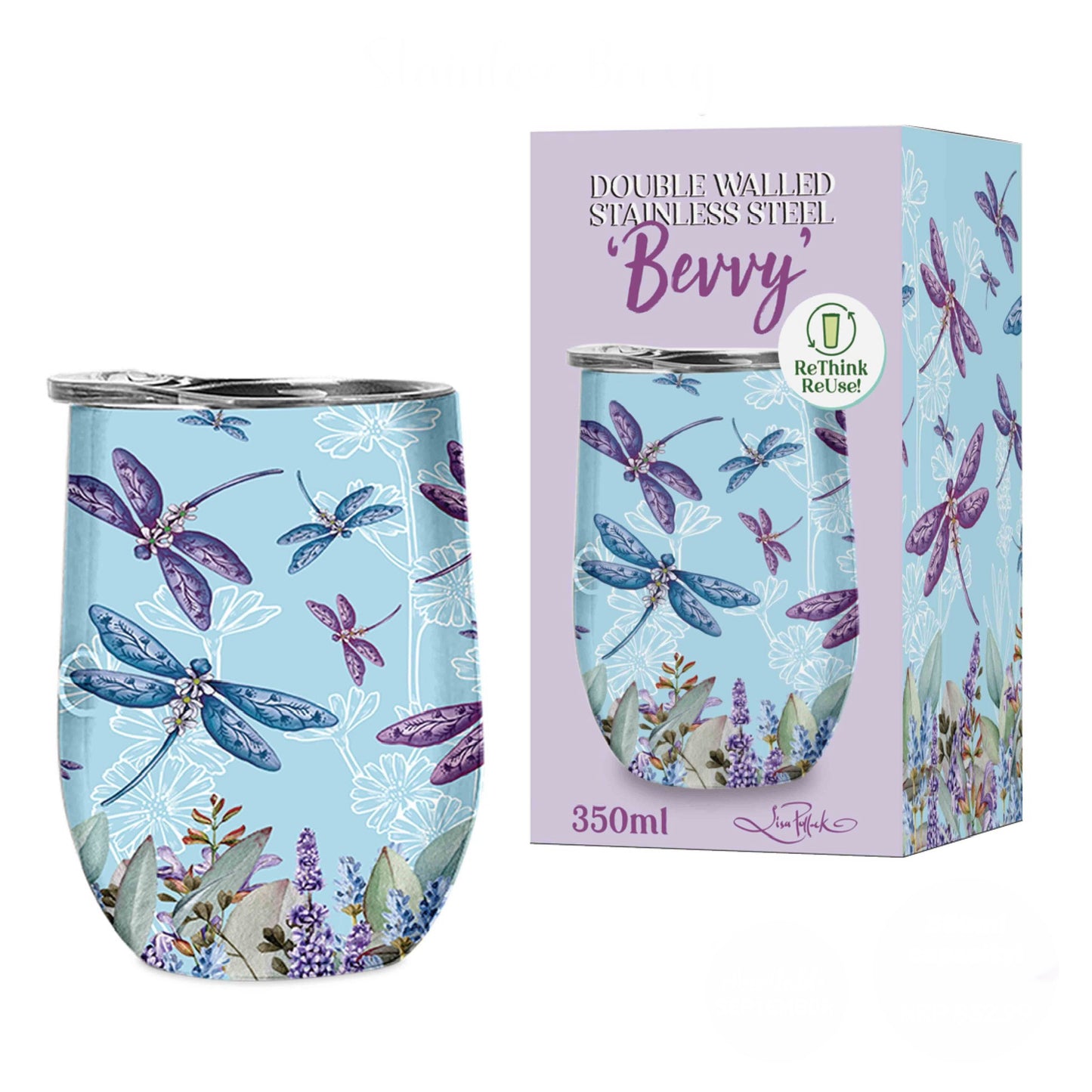 Double Walled Stainless Steel 'Bevvy' Mug (350ml) - Lavender Dragonflies