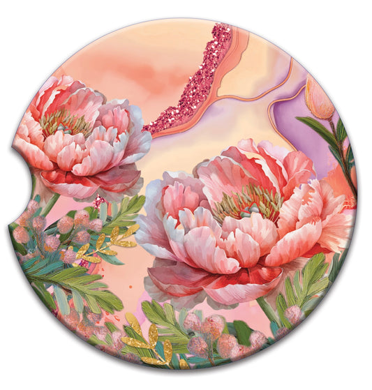 Ceramic Absorbent Car Coaster - Coral Peony