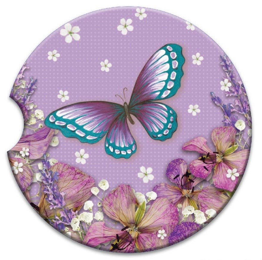 Embossed Ceramic Absorbent Car Coaster - Purple Petals Butterfly