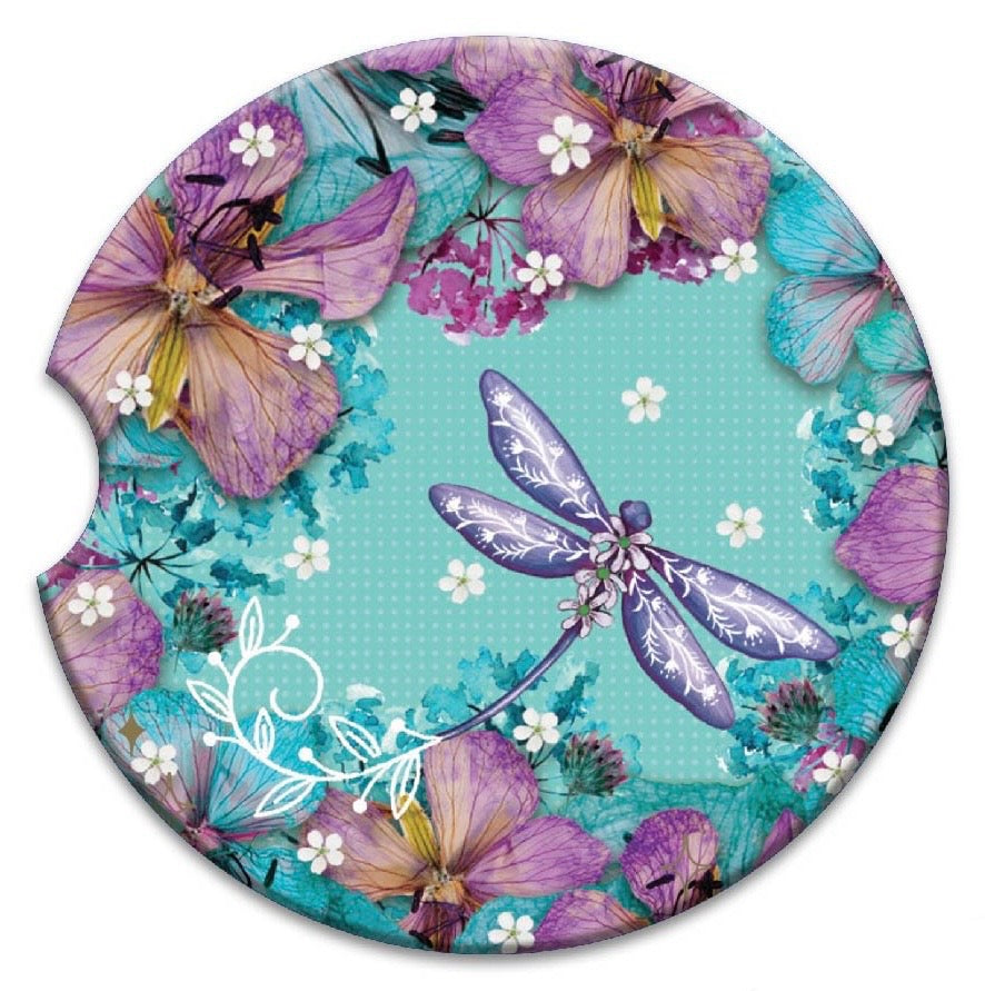 Embossed Ceramic Absorbent Car Coaster - Aqua Petals Dragonfly