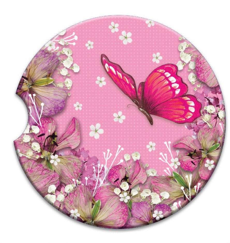 Embossed Ceramic Absorbent Car Coaster - Pink Petals Butterfly