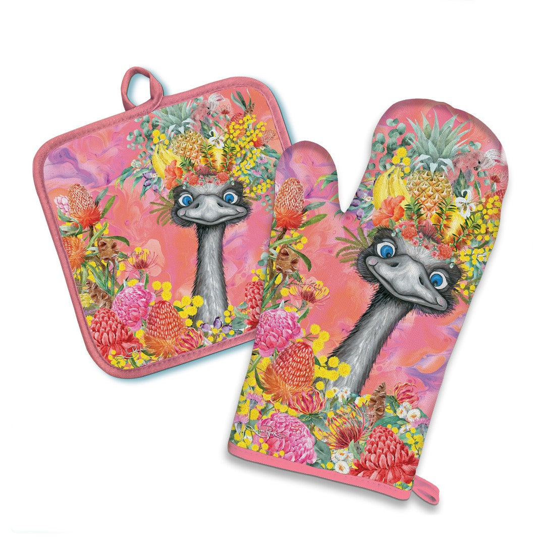 Oven Mitt & Pot Holder Set - Happy Emu
