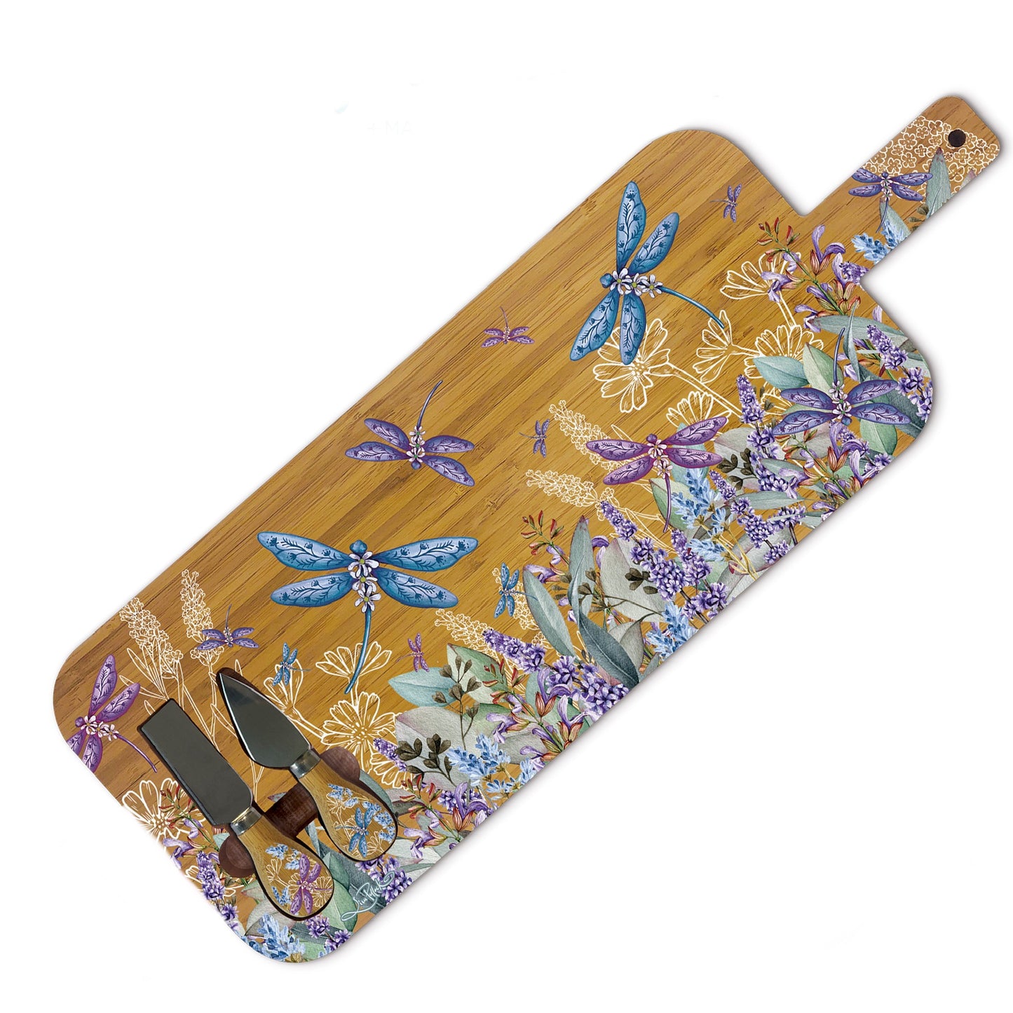 Large Bamboo Serving Board with Cheese Knives - Lavender Dragonflies