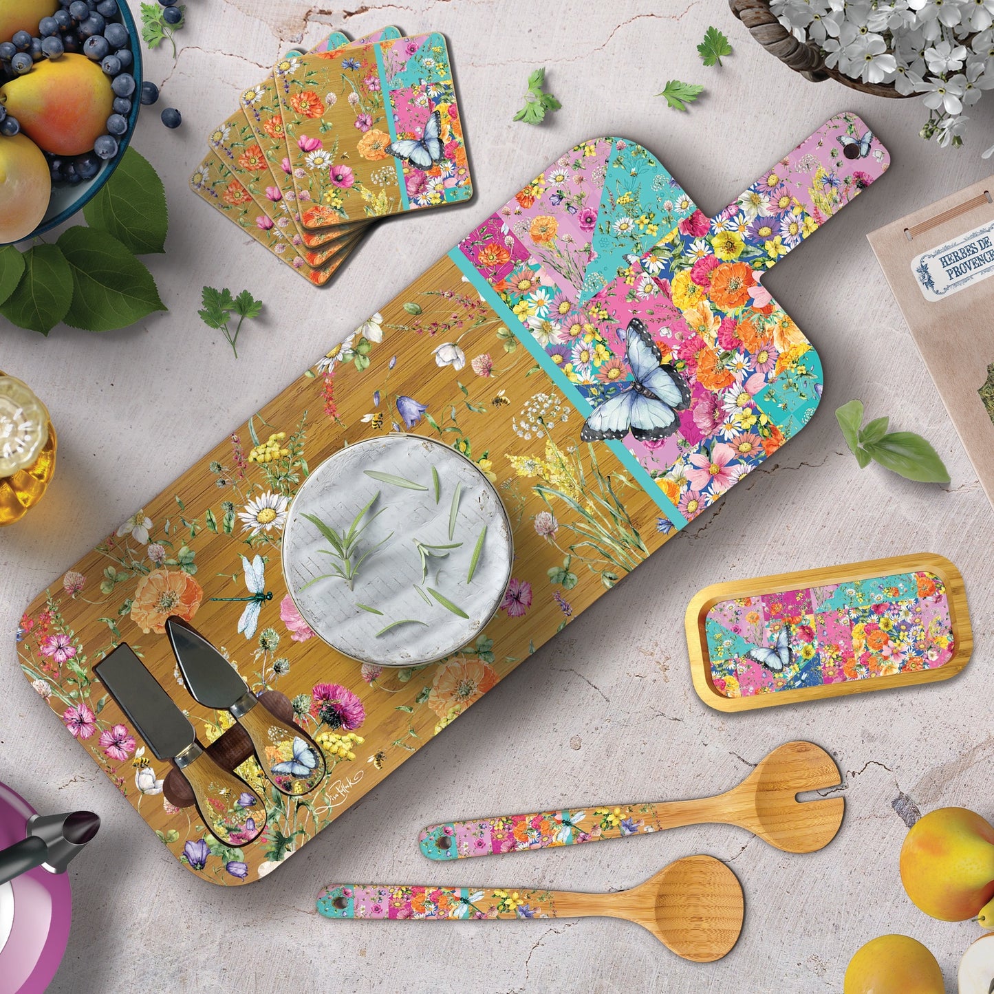 Large Bamboo Serving Board with Cheese Knives - Wildflower Patch