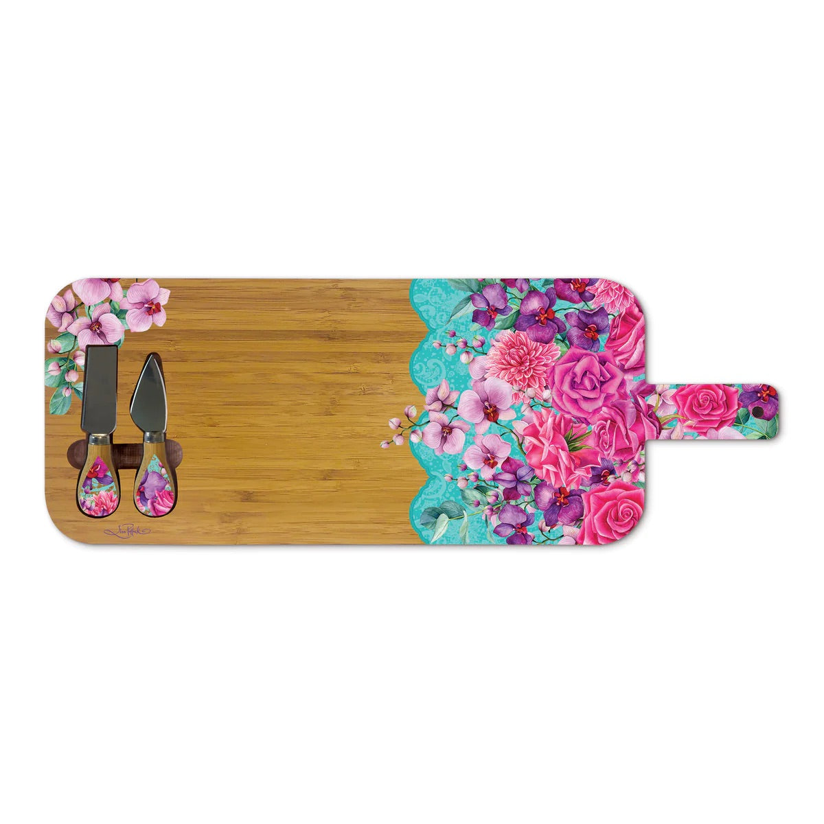 Large Bamboo Serving Board with Cheese Knives - Rose Bouquet