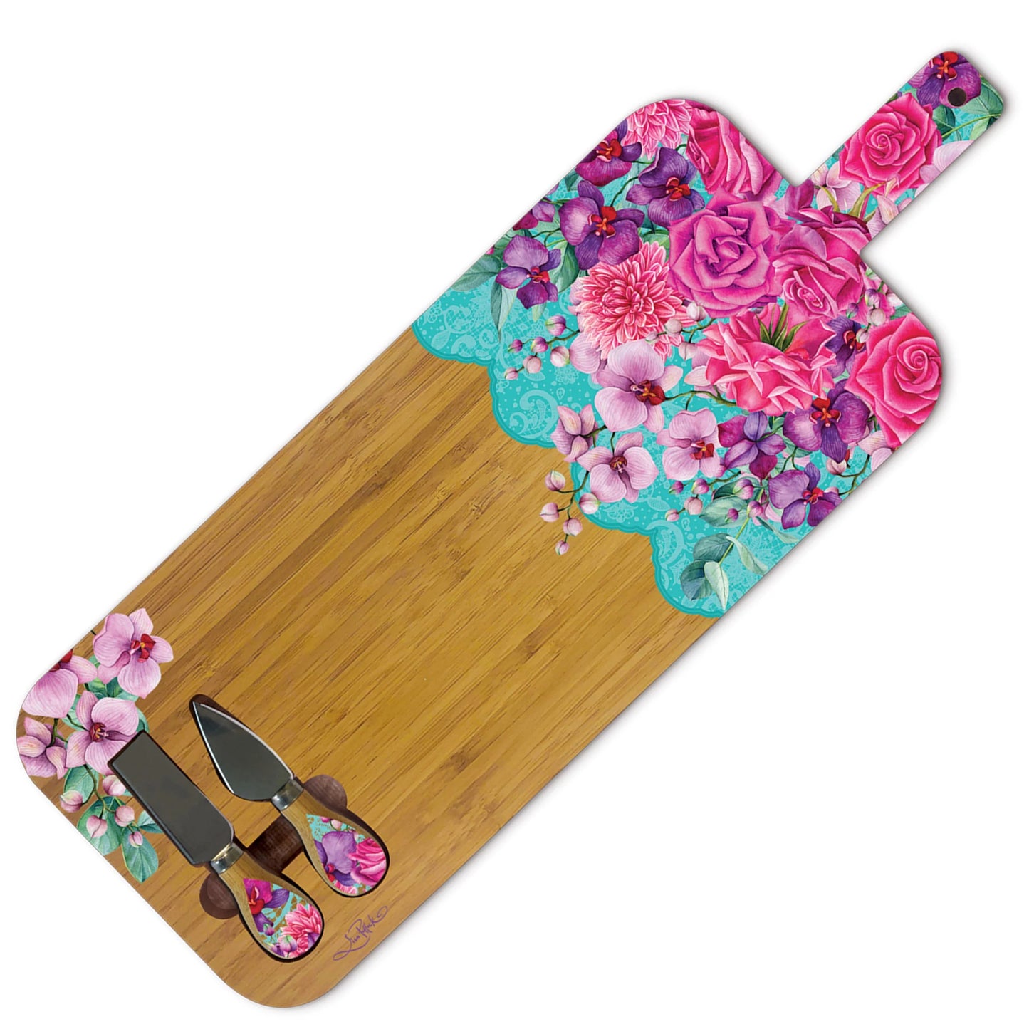 Large Bamboo Serving Board with Cheese Knives - Rose Bouquet