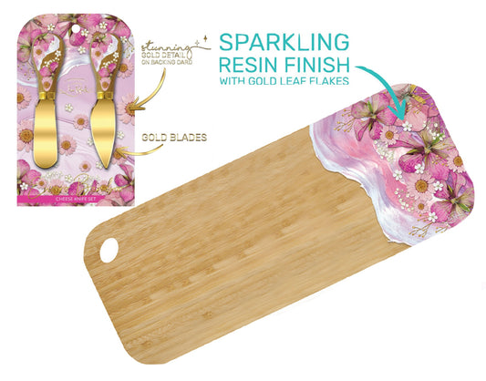 Resin Medium Bamboo Serving Board with Cheese Knives - Pressed Petals