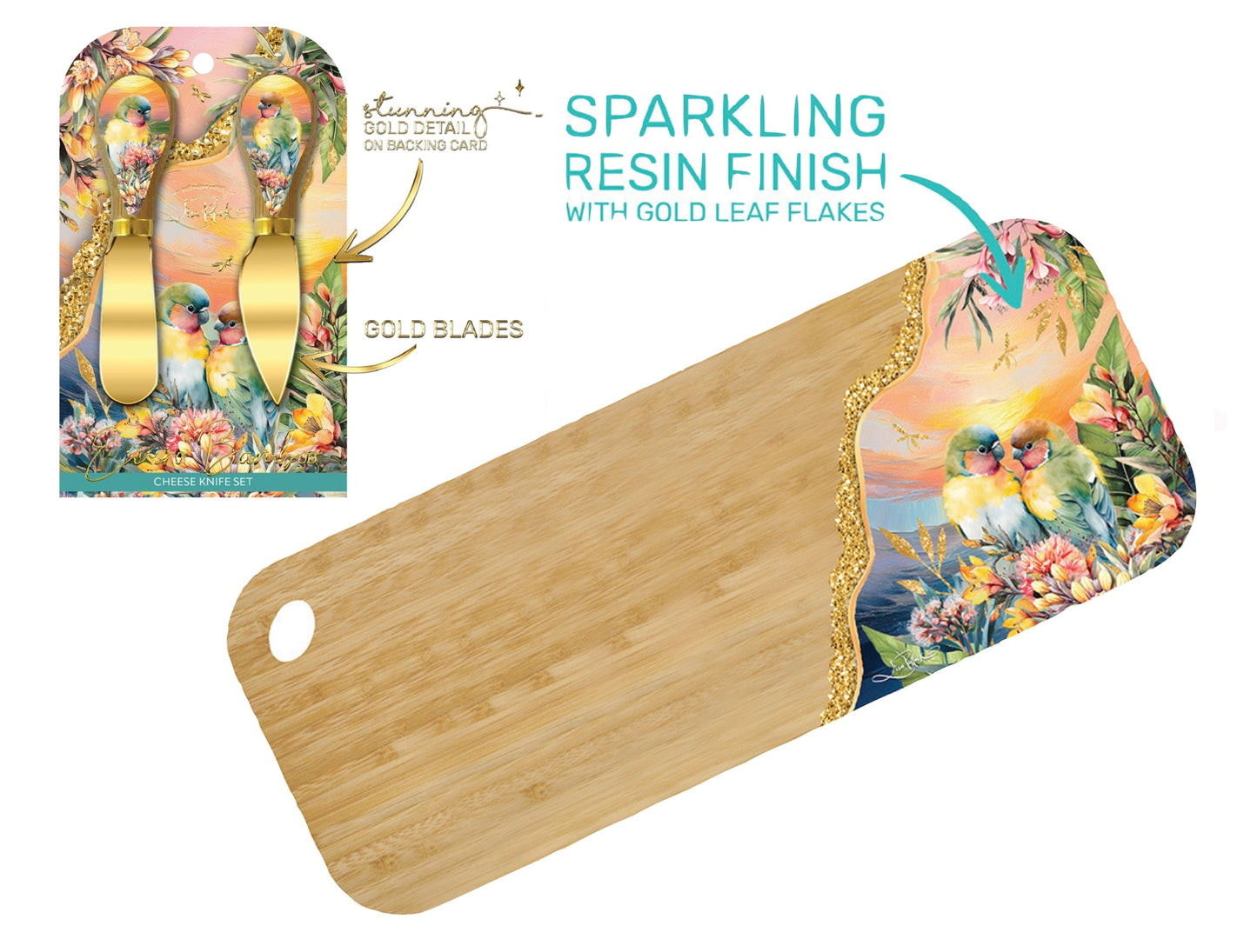 Resin Medium Bamboo Serving Board with Cheese Knives - Sunset Lovebirds