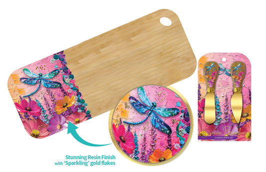 Resin Medium Bamboo Serving Board with Cheese Knives - Playful Dragonflies