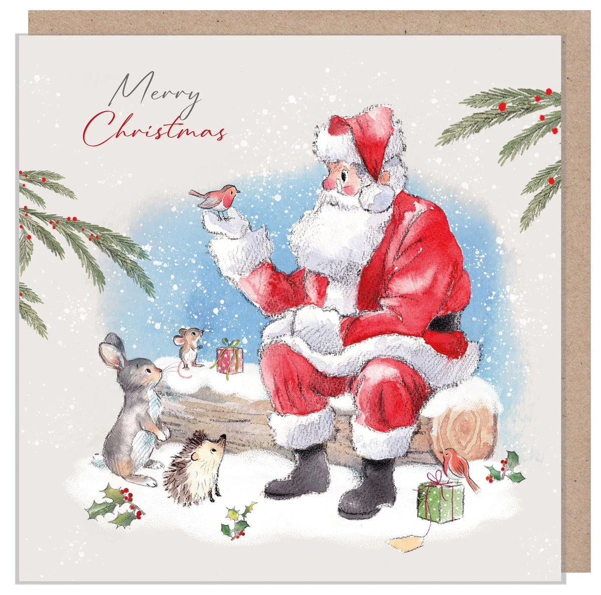 Paper Shed Design Christmas Card - Santa on Log with Animals
