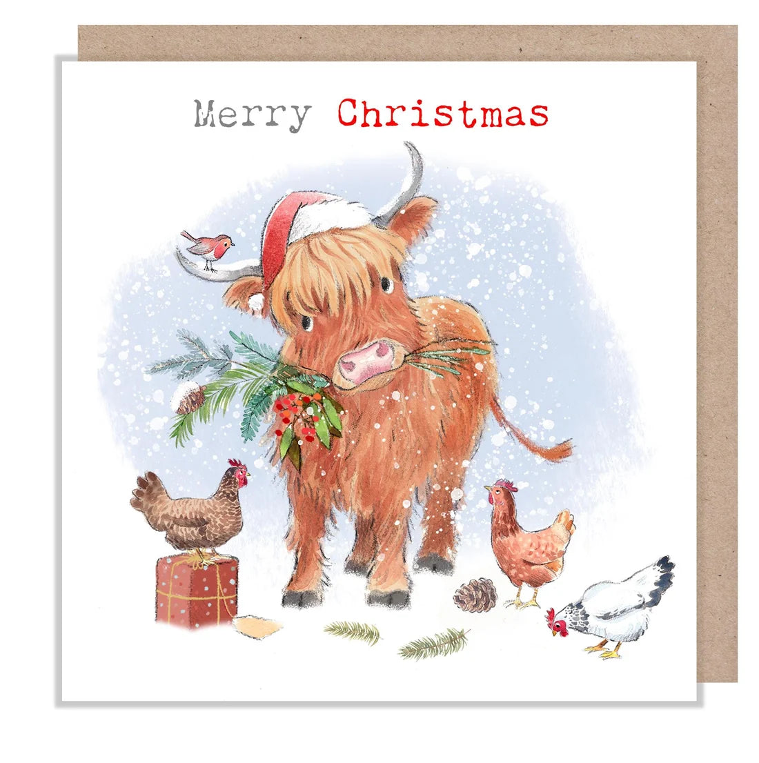 Paper Shed Design Christmas Card - Highland Cow with Hens