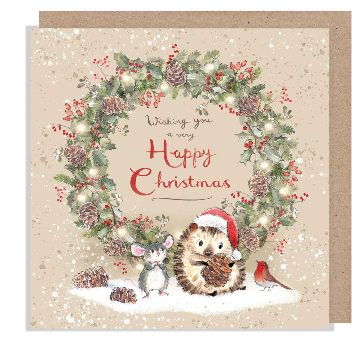 Paper Shed Design Christmas Card - Mouse And Hedgehog with Christmas Wreath