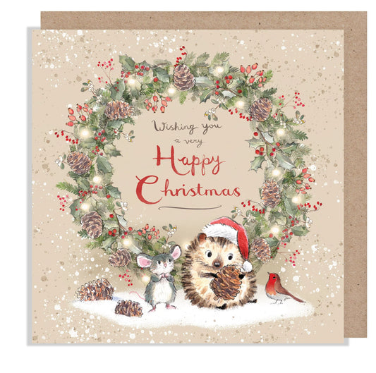 Paper Shed Design Christmas Card - Mouse And Hedgehog with Christmas Wreath