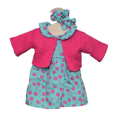 Hopscotch Dolls Clothes - Mint Green and Pink Cherry Patterned Dress with Pink Jacket