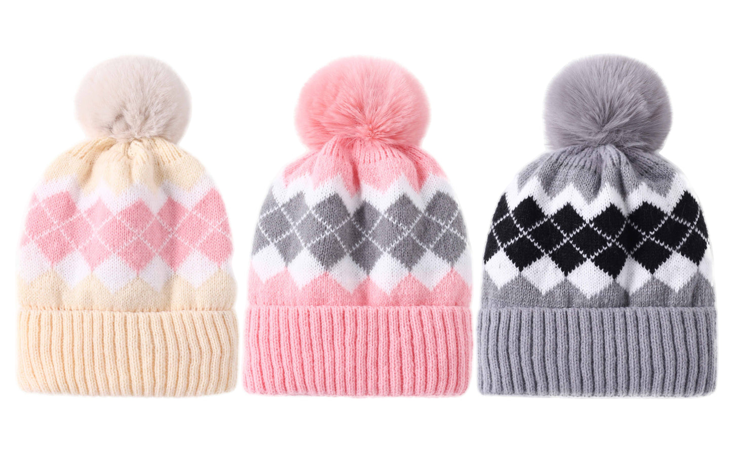 Diamond Pattern Bobble Beanie