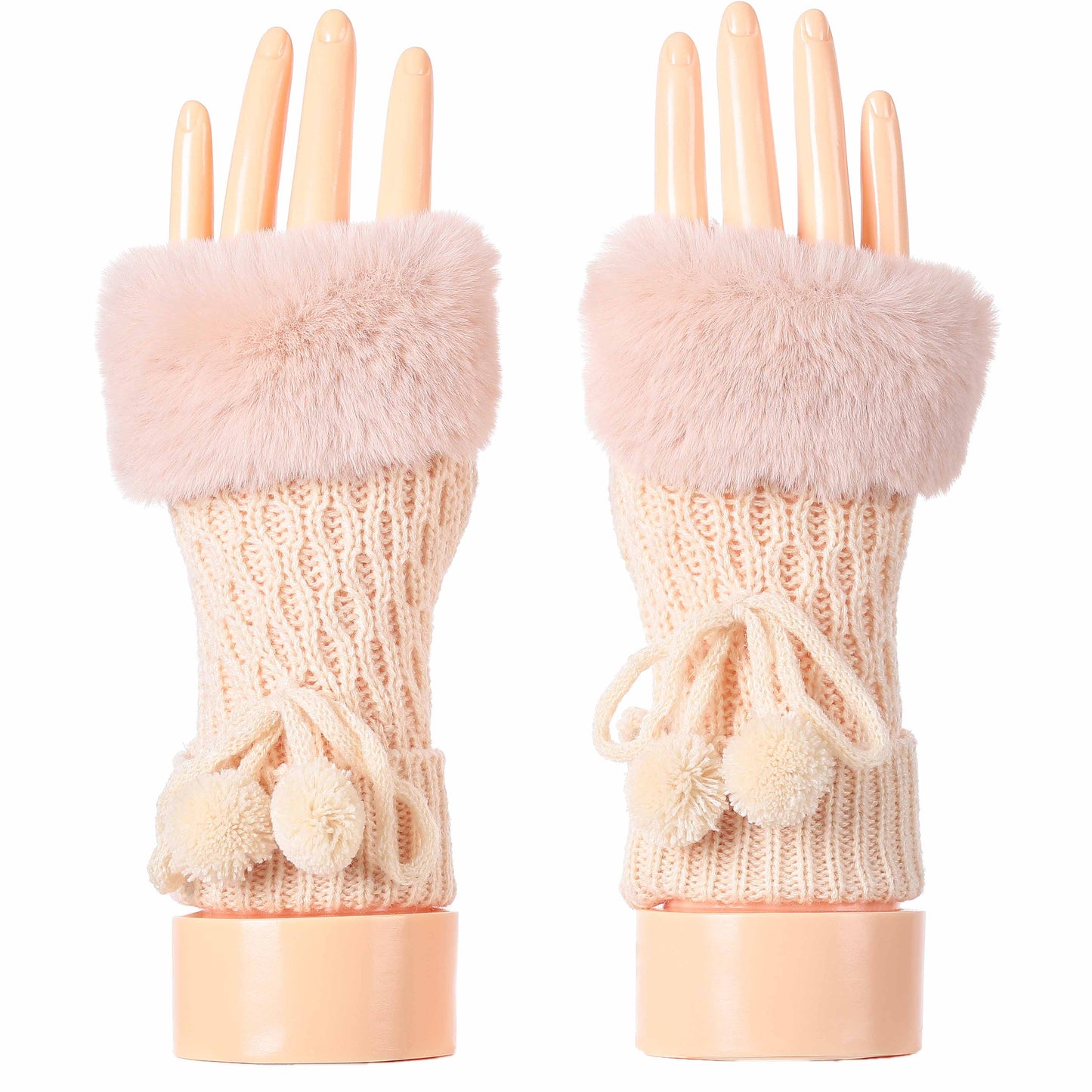 Fingerless Gloves with Fur and Pom Poms