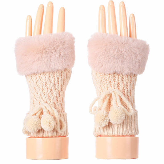 Fingerless Gloves with Fur and Pom Poms
