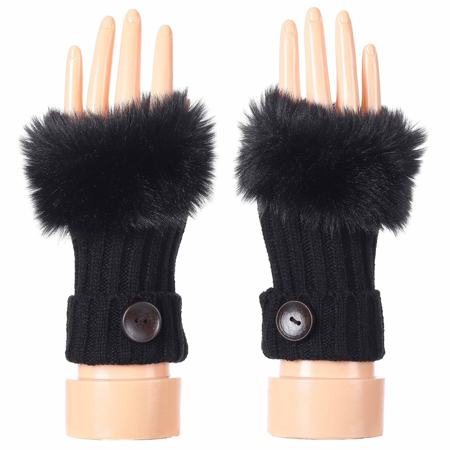 Fingerless Gloves with Button and Fur