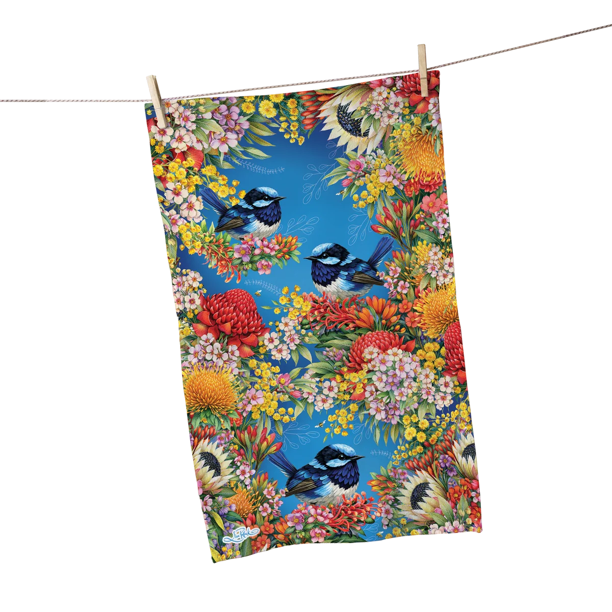 Cotton Tea Towel - Floral Fairy Wrens