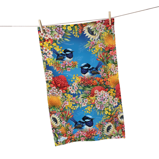 Cotton Tea Towel - Floral Fairy Wrens