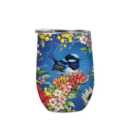 Double Walled Stainless Steel 'Bevvy' Mug (350ml) - Floral Fairy Wrens