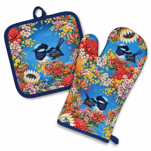 Oven Mitt & Pot Holder Set - Floral Fairy Wrens