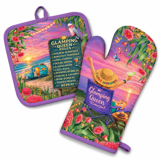 Oven Mitt & Pot Holder Set - Glamping Queen Rules