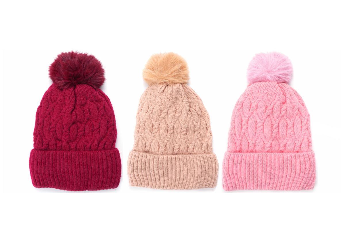 Pompom Knitted Beanie with Sherpa Lining